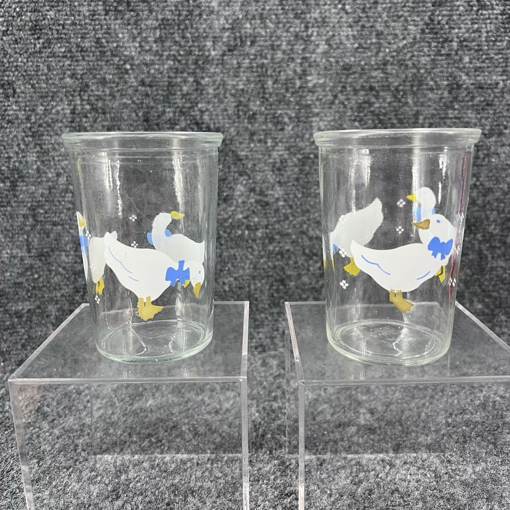 Set Of 2 Vintage BAMA Jelly Jar Juice Glasses White Ducks Geese Blue Bow Goose